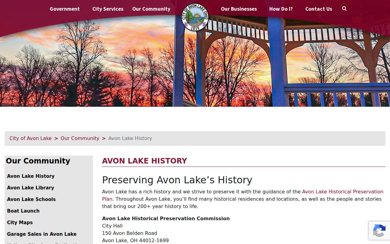Avon Lake city directory reference to city history and preservation resources