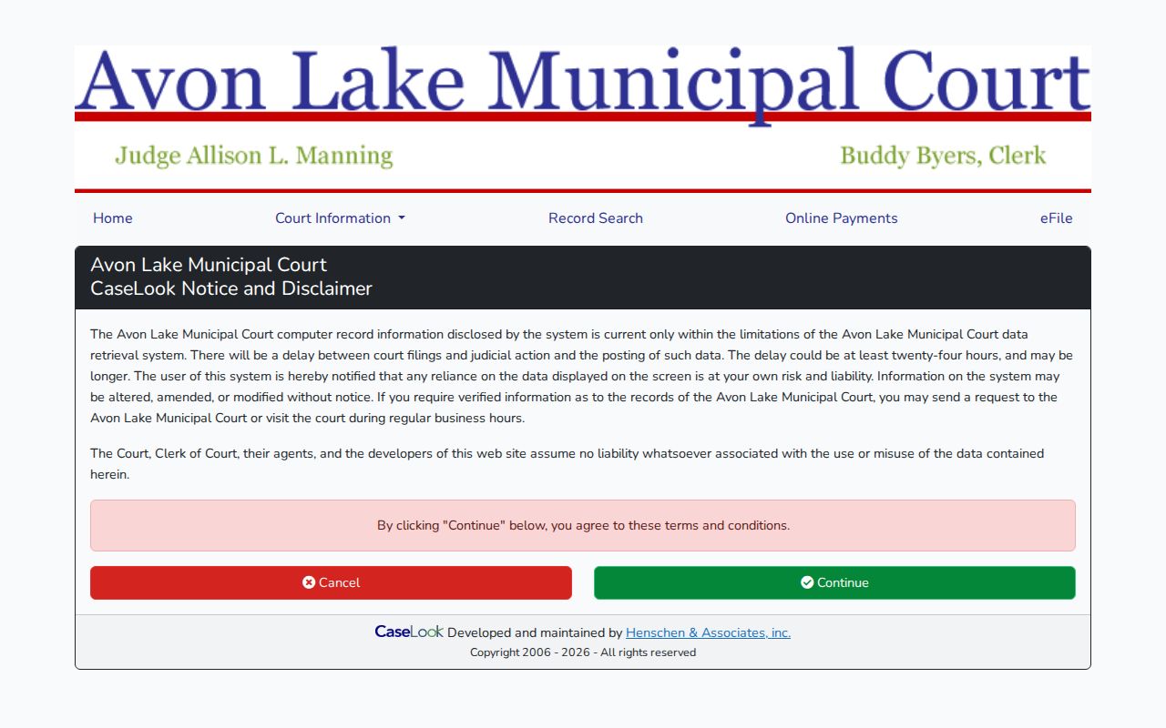 Avon Lake residents directory view of Municipal Court CaseLook notice