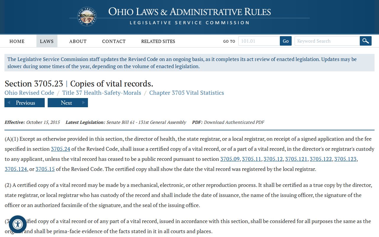Avon Lake previous residents Ohio vital record copy law