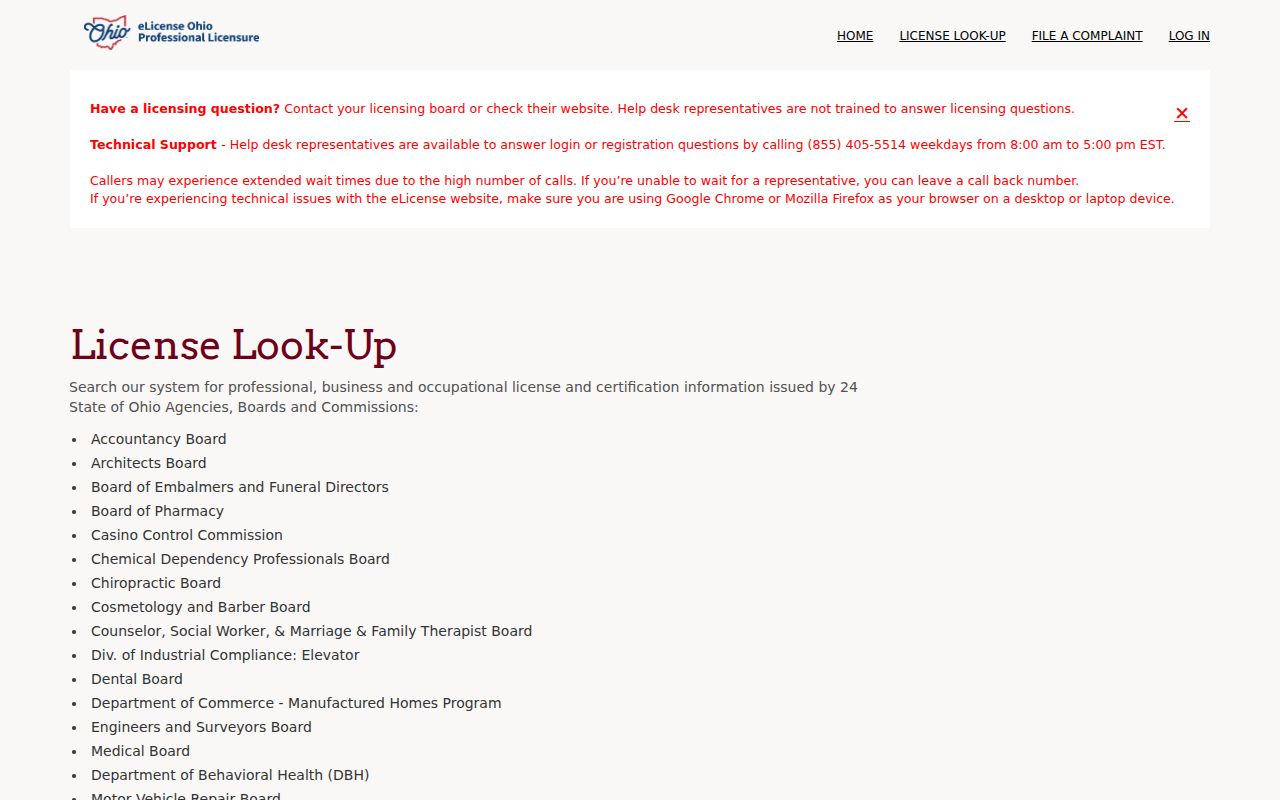 Avon Lake resident lookup view of the Ohio eLicense credential search