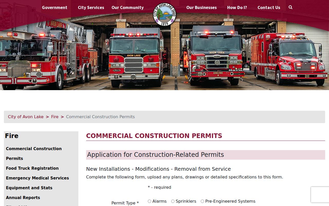 Avon Lake street directory reference to a commercial construction permit form
