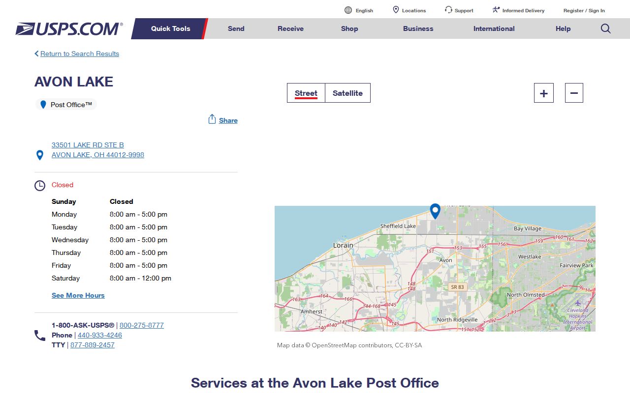 Avon Lake ZIP code directory reference to the USPS Avon Lake Post Office