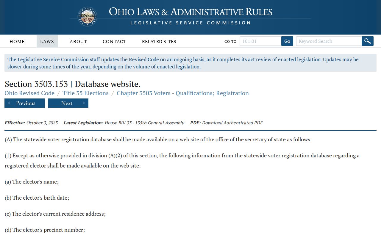 Avon Lake ZIP code directory reference to Ohio voter website disclosure law